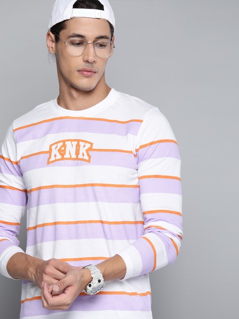 

Kook N Keech Men White & Lavender Pure Cotton Striped Brand Logo Printed T-shirt