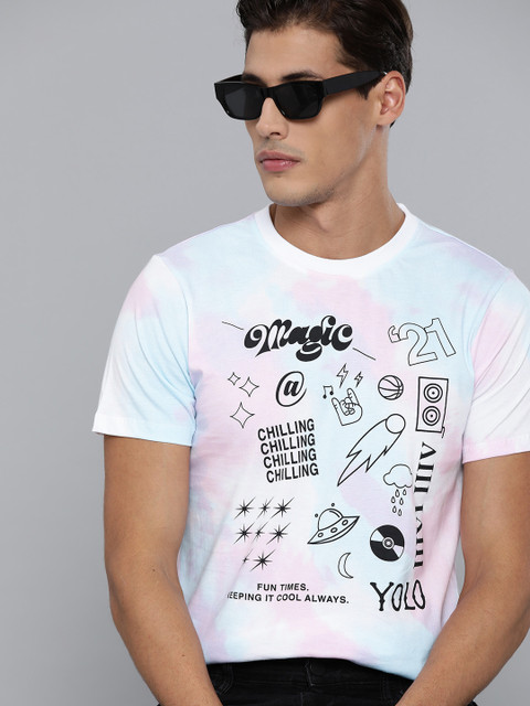 

Kook N Keech Men Blue Pink Pure Cotton Dyed Typography Printed Pure Cotton T-shirt