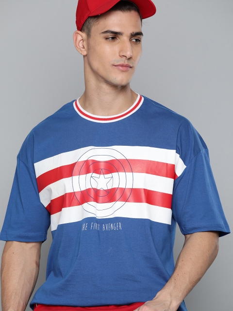 

Kook N Keech Marvel Men Blue Pure Cotton Captain America Drop-Shoulder Sleeves T-shirt
