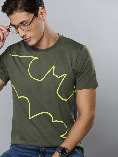 

Kook N Keech Batman Men Olive Green Yellow Pure Cotton Printed Pure Cotton T-shirt
