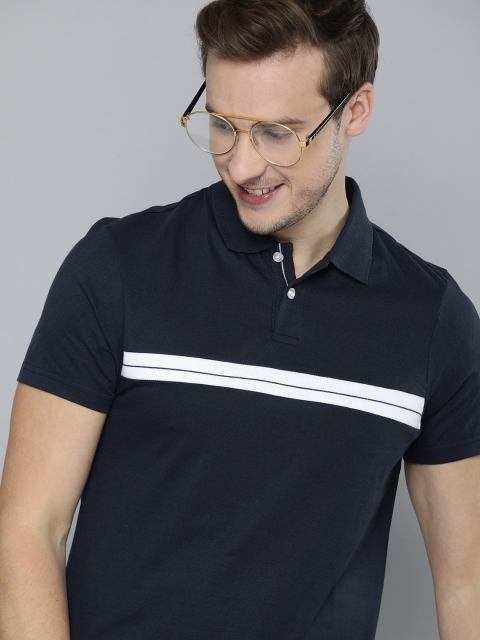 

Mast Harbour Men Navy Blue White Striped Polo Collar Pure Cotton T-shirt