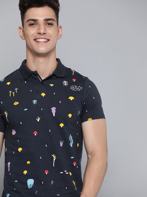 

Mast & Harbour Men Navy Blue Pure Cotton Printed Polo Collar Wardrobe Essentials T-shirt