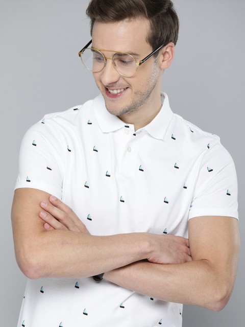 

Mast Harbour Men White Blue Printed Polo Collar Pure Cotton T-shirt
