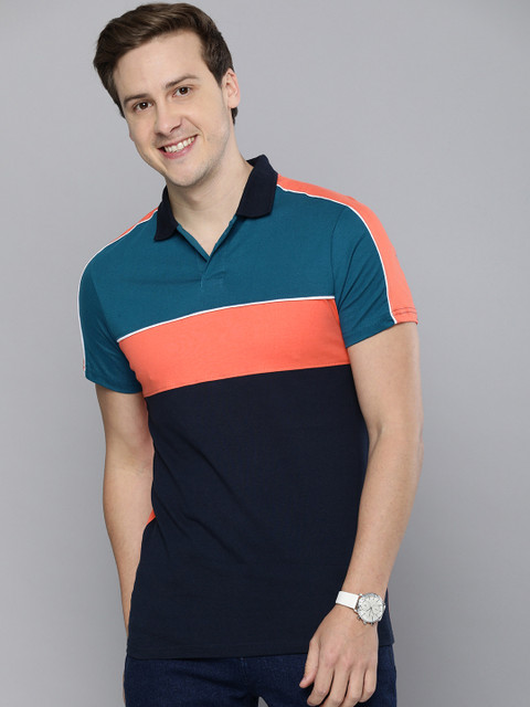 

Mast & Harbour Men Coral & Black Colourblocked Polo Collar T-shirt