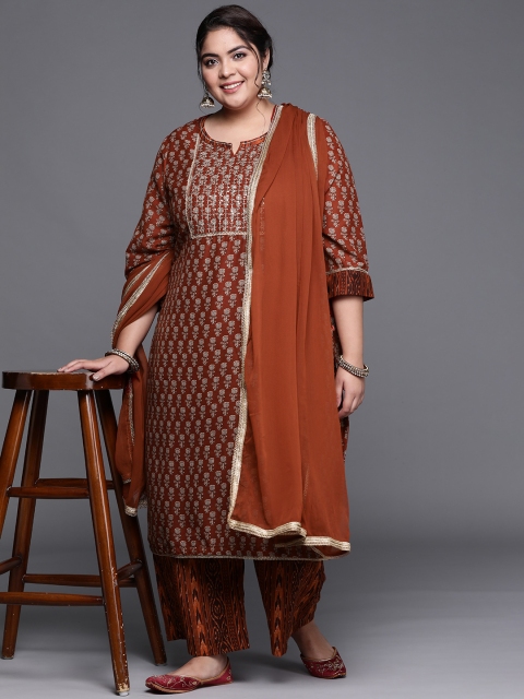 

Biba Women Rust Red & Beige Printed Sequinned Kurta with Palazzos & With Dupatta