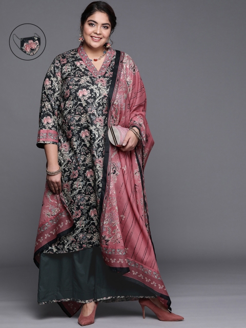 

Biba Women Charcoal Grey & Pink Floral Print Kurta Set with Dupatta & Mask
