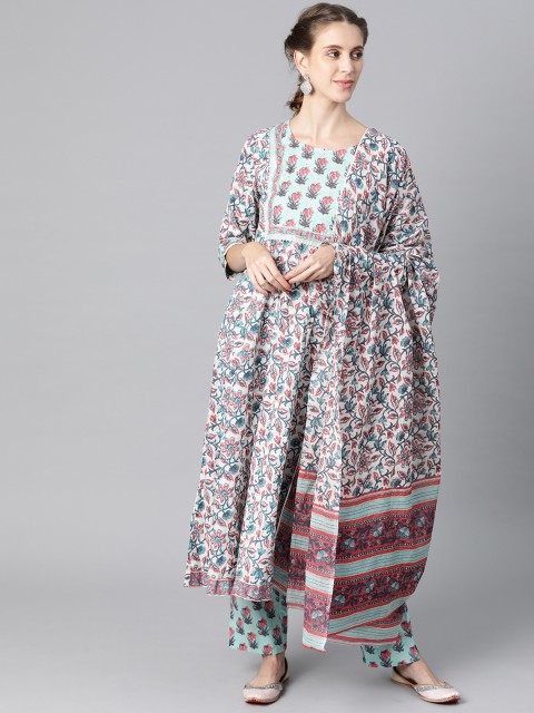 

AHIKA Women Sea Green & White Ethnic Motifs Cotton Kurta with Trousers & Dupatta