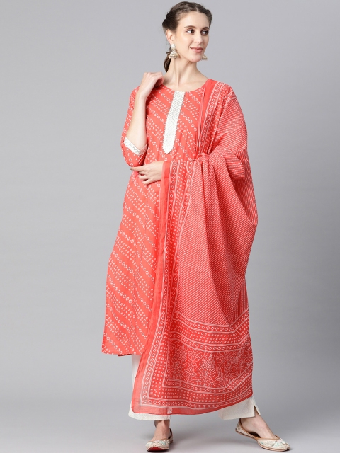 

AHIKA Women Coral Pink & White Bandhani Printed Pure Cotton Kurta with Trousers & Dupatta