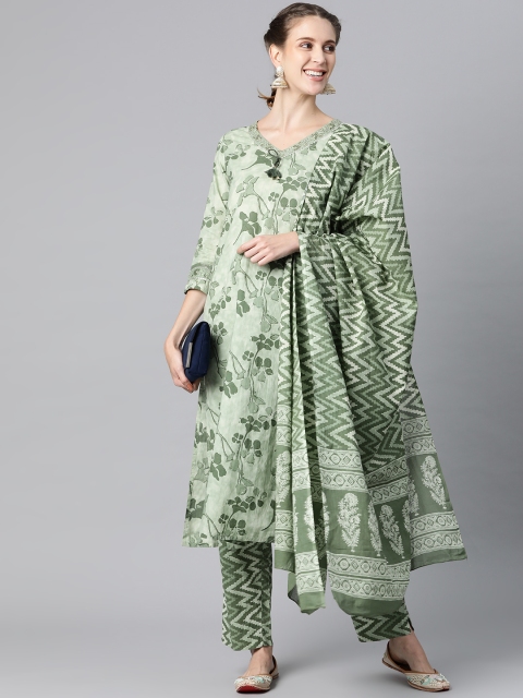 

AHIKA Women Green Floral Printed Regular Pure Cotton Kurta with Trousers & Dupatta