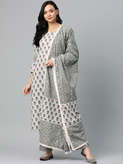 

AHIKA Women Grey Ethnic Motifs Print Pure Cotton Kurta with Trousers & Dupatta