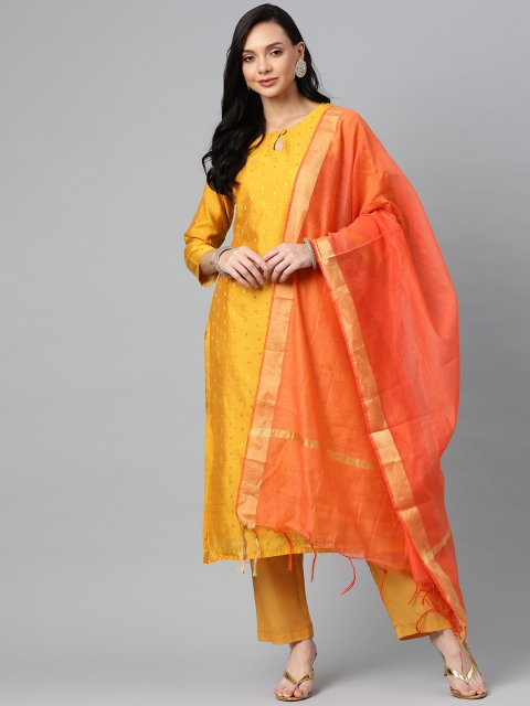 

AHIKA Women Mustard Yellow & Orange Woven Design Kurta with Trousers & Dupatta
