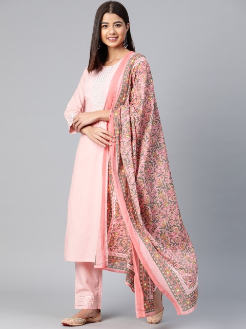 

AHIKA Women Pink Yoke Design Regular Gotta Patti Pure Cotton Kurta with Trousers & Dupatta