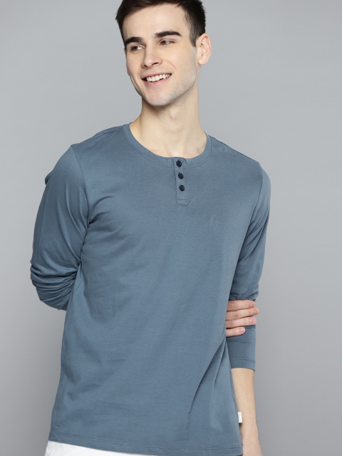 

M&H Our Water Men Blue Cotton Sustainable Henley Neck T-shirt