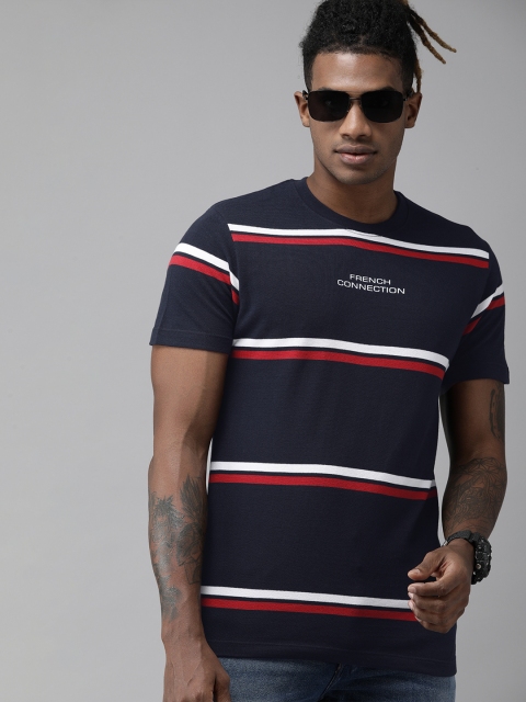 

French Connection Men Blue White Striped Slim Fit Pure Cotton T-shirt