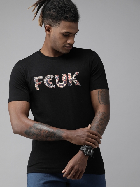 

French Connection Men Black & Cream-Coloured PAISLEY BANDANA Printed Slim Fit T-shirt