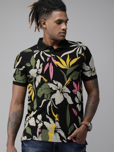 

French Connection Men Black Floral Printed Slim Fit Polo Collar T-shirt