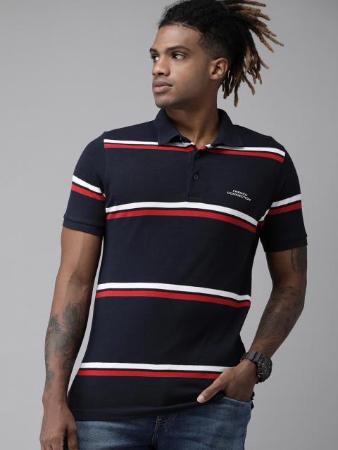 

French Connection Men Navy Blue Red Striped Polo Collar Pure Cotton T-shirt