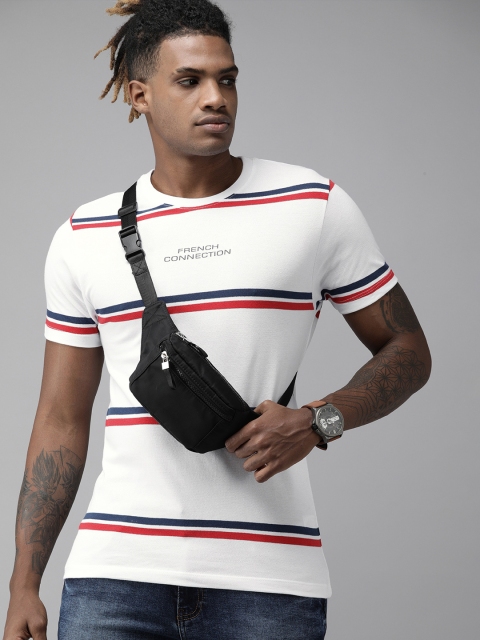

French Connection Men White Blue Striped Slim Fit Pure Cotton T-shirt
