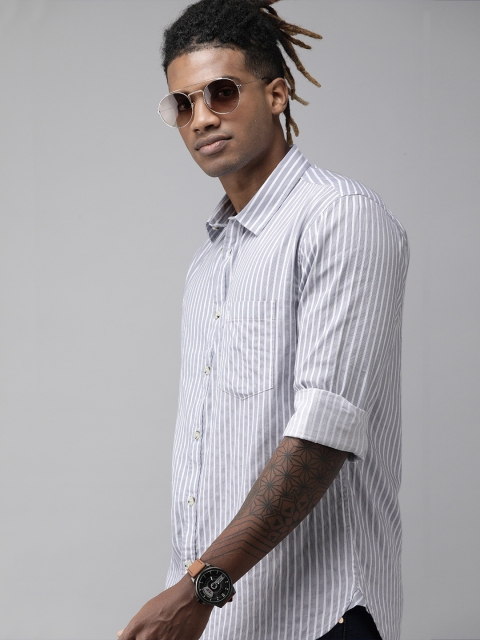 

French Connection Men Grey & White Slim Fit Striped Casual Shirt