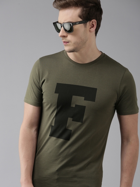 

French Connection Men Olive Green Brand Logo Printed Round Neck T-shirt