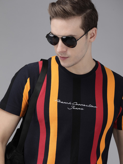 

French Connection Men Multicoloured Striped Slim Fit Pure Cotton T-shirt, Multi