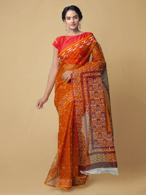 

Unnati Silks Orange & White Pure Cotton Handloom Sustainable Kota Saree