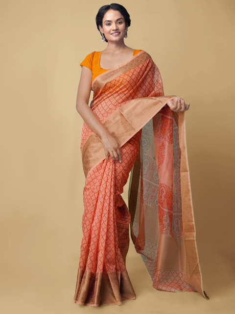 

Unnati Silks Peach-Coloured & Gold-Toned Supernet Patola Sustainable Saree