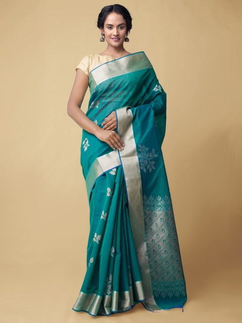 

Unnati Silks Teal Green & Silver-Toned Floral Zari Silk Cotton Sustainable Baluchari Saree