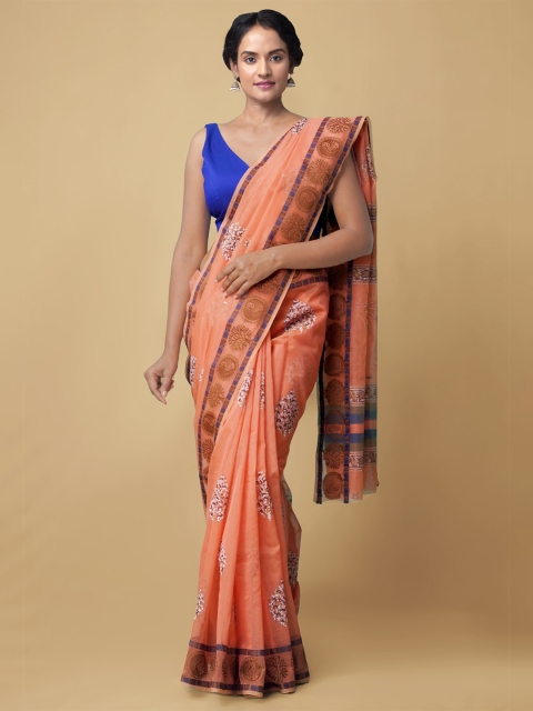 

Unnati Silks Women Peach-Coloured & Blue Pure Summer Supernet Sustainable Saree