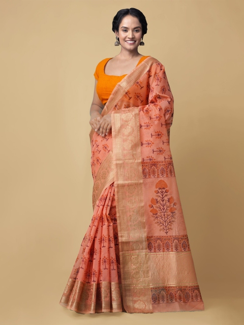

Unnati Silks Peach-Coloured & Gold-Toned Floral Printed Net Patola Saree