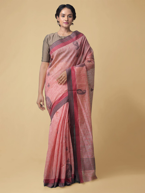 

Unnati Silks Peach-Coloured & Purple Woven Design Handloom Silk Cotton Baluchari Saree