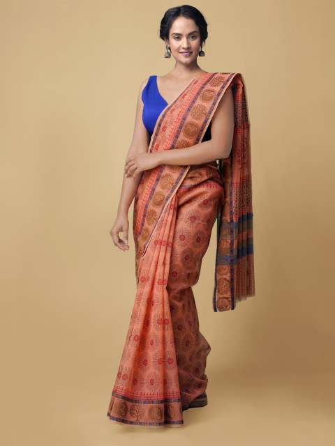 

Unnati Silks Peach-Coloured & Brown Floral Net Sustainable Patola Saree