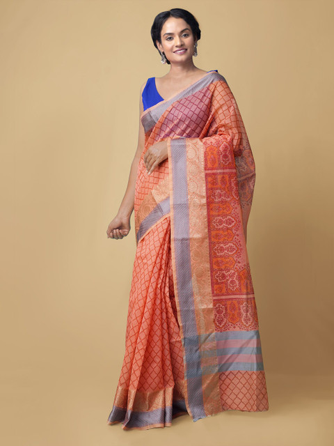 

Unnati Silks Peach-Coloured & Blue Supernet Patola Sustainable Saree