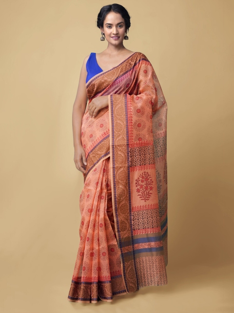 

Unnati Silks Women Peach-Coloured & Blue Pure Summer Supernet Sustainable Saree