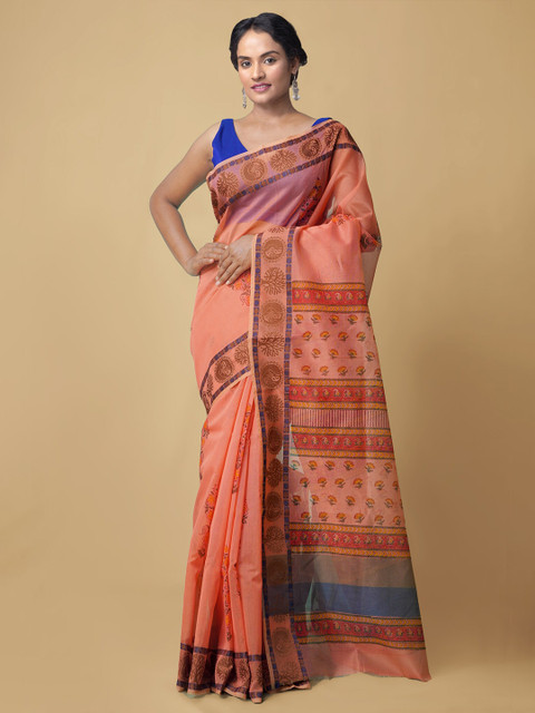 

Unnati Silks Women Peach-Coloured & Blue Pure Summer Supernet Sustainable Saree