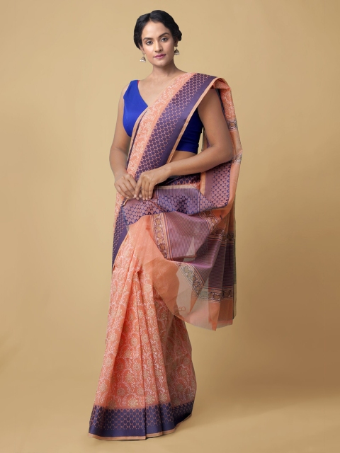 

Unnati Silks Peach-Coloured & Blue Paisley Supernet Patola Sustainable Saree