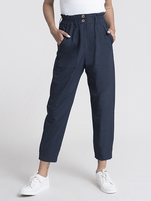 

FableStreet Women Navy Blue Straight Fit Peg Trousers