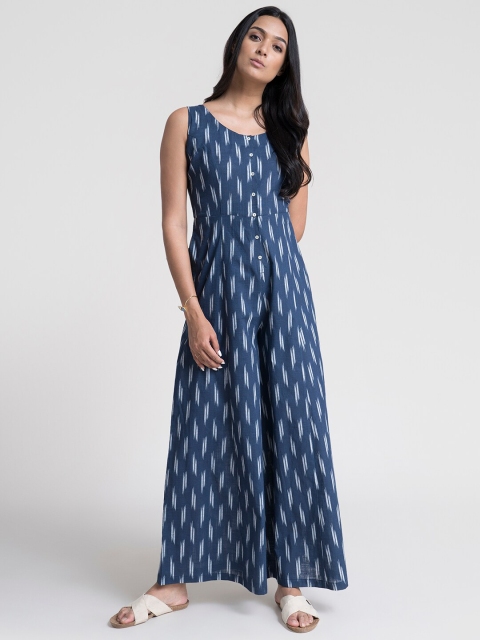 

FableStreet Navy Blue & White Ikkat Printed Basic Jumpsuit