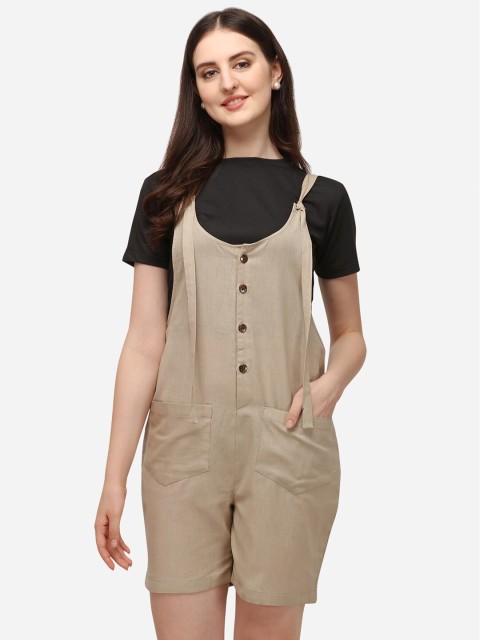 

Yuvraah Women Beige & Black Solid Polyester Dungaree With T-shirt