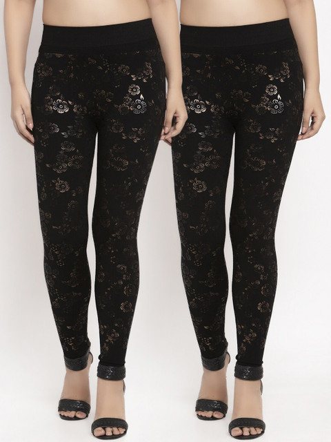 

KLOTTHE Women Black & Gold Pack of 2 Printed Leggings