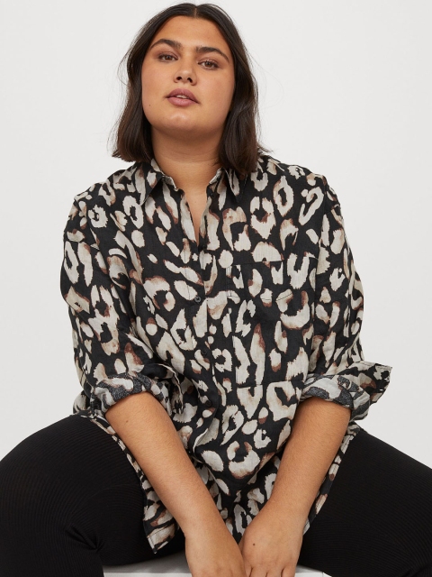 

H&M Women Black & Beige Printed Linen Shirt