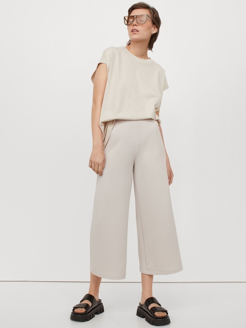 

H&M Women Beige Solid Wide Pull-On Trousers