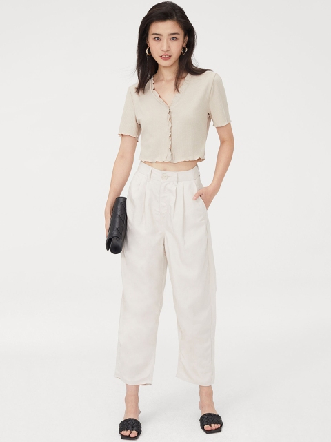 

H&M Women Beige Linen-Blend Trousers