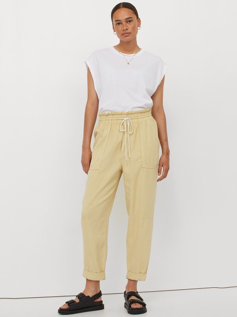 

H&M Women Yellow Lyocell Paper Bag Trousers