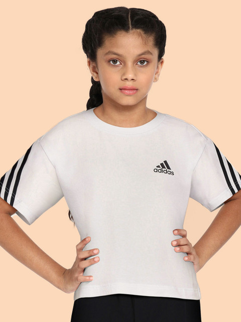

ADIDAS Girls White Solid Organic Cotton Future Icon Sport 3 Stripes Loose Training Sustainable Tshirt