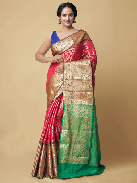 

Unnati Silks Red & Green Floral Woven Design Zari Silk Cotton Kanjeevaram Saree