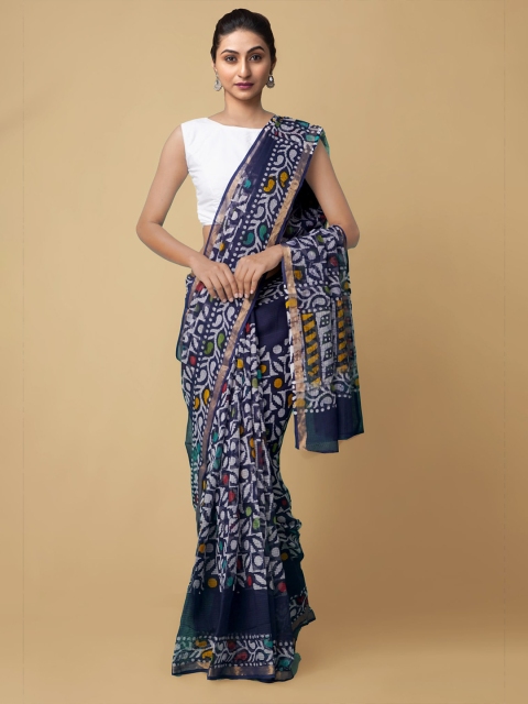 

Unnati Silks Navy Blue & White Batik Printed Handloom Pure Cotton Kota Saree