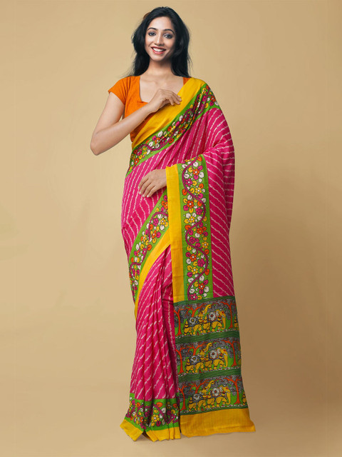 

Unnati Silks Women Pochampally Pink & Yellow Leheriya Silk Blend Saree