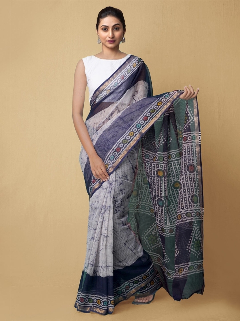 

Unnati Silks Off White & Blue Zari Pure Cotton Batik Kota Sustainable Saree