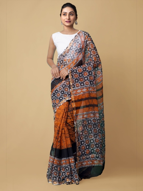 

Unnati Silks Women Orange & Black Kota Batik Print Pure Cotton Saree